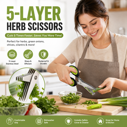 ✂️🥬 RVS keukenschaar met vijf messen – Knipt gelijkmatige, fijne reepjes in één keer. Gemakkelijk voor lente-ui, koriander, chilipepers en zeewier.