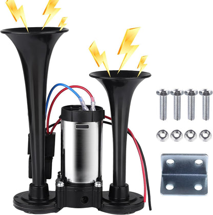 2026 verbeterde 12V 130dB dubbele luchthoorn met compressor. Voor auto's, vrachtwagens, pick-ups, treinen, SUV's en boten (zilverzwart). Ook voor huisbeveiliging.