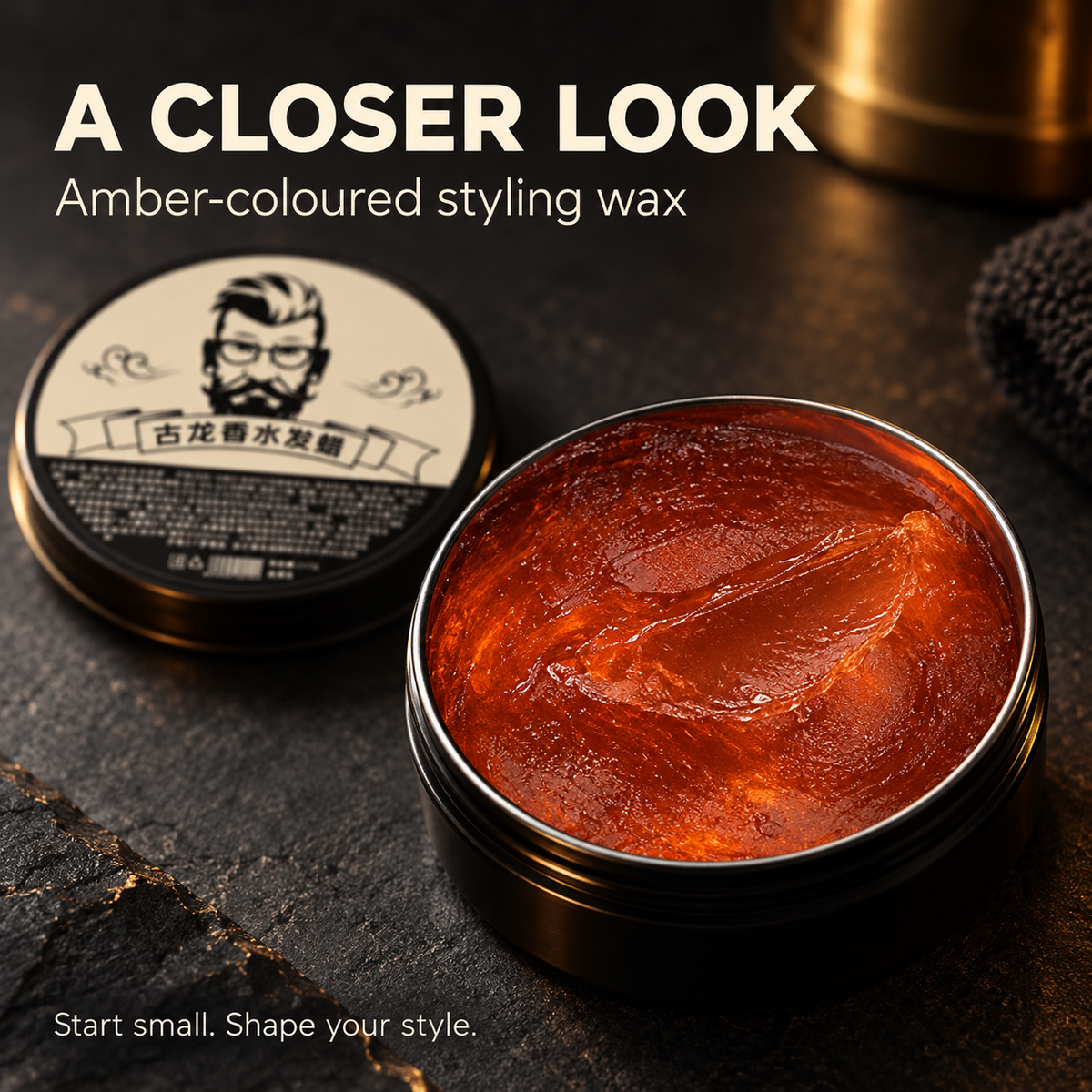 Close-up of the amber-coloured hair styling wax