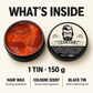 One 150 g tin of cologne-scented hair styling wax with matching lid
