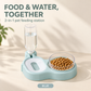 Blue 2-in-1 pet feeding station with a food bowl and gravity-fed water bottle