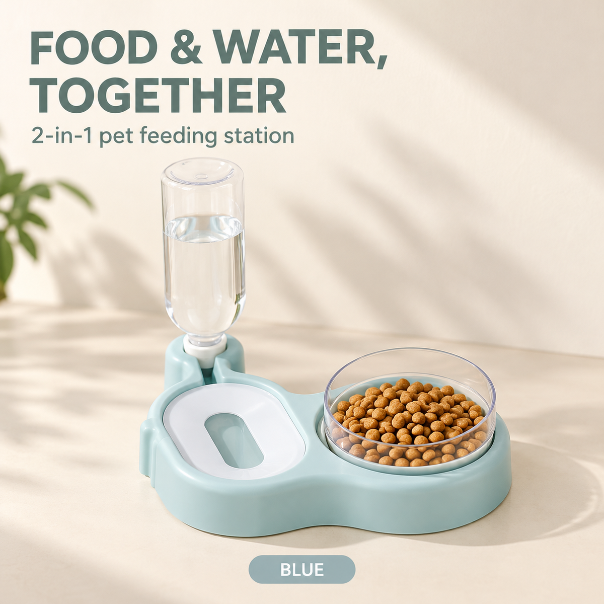Blue 2-in-1 pet feeding station with a food bowl and gravity-fed water bottle