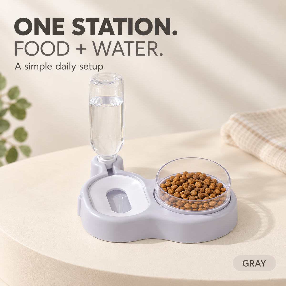 Lavender-gray pet feeding station with separate food and covered water areas
