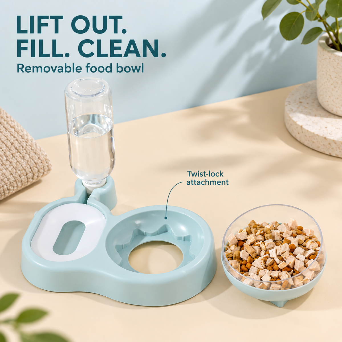Removable food bowl beside the blue base showing the circular twist-lock holder