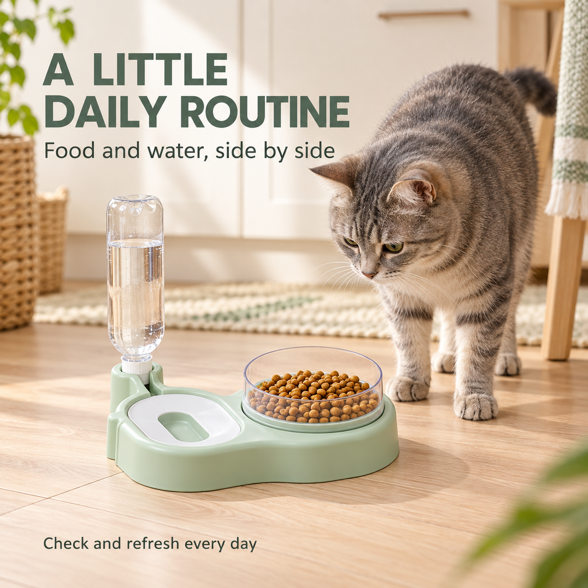 A cat beside the green food and gravity water station in a bright home feeding area