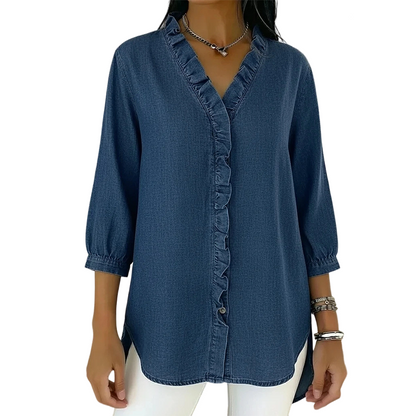 🔥📢 60% KORTING!! 💃 Damesblouse met ruches – Romantische V-hals, asymmetrische zoom en ademende stof ✨