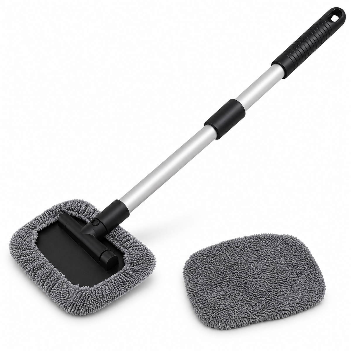 Extendable windshield cleaner with a silver aluminum-alloy shaft, black ribbed grip and gray microfiber head.
