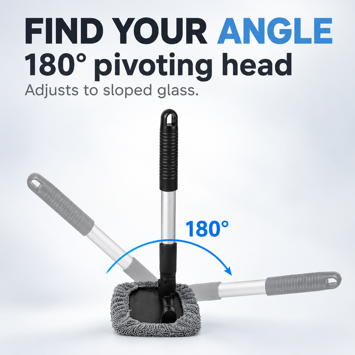 Cleaning head shown at different angles to illustrate its 180-degree pivoting hinge.