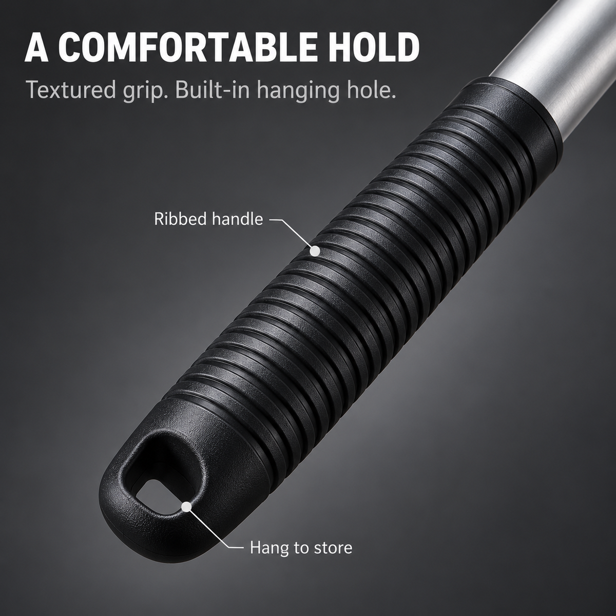 Black ribbed PP grip with a hanging opening at the end of the handle.