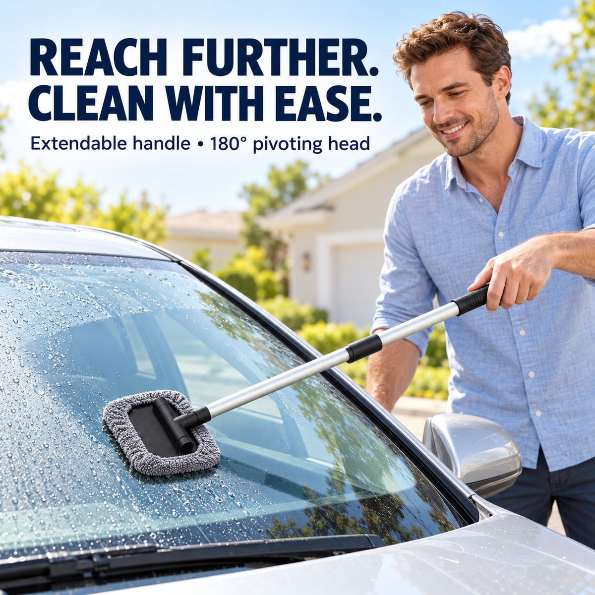A man using the extendable microfiber cleaner on the outside windshield of a parked car.