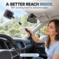 A woman using the extendable microfiber cleaner on the inside windshield of a parked car.